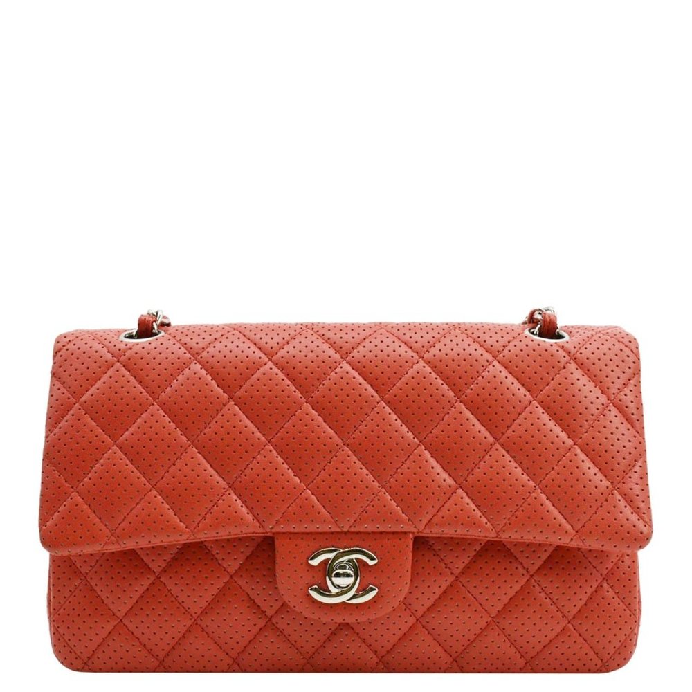 CHANEL  Classic Medium Double Flap Quilted Perforated Leather Shoulder Bag Red